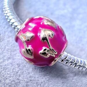 Pink Enamel Heart Vine Bead Charm Gold Tone fits PANDORA